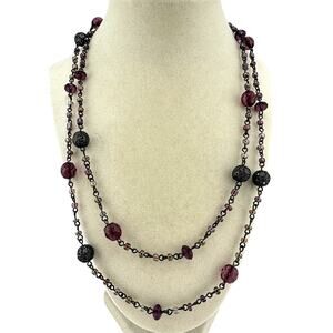 Premier Designs Cranberry Pink Purple Beads Gunmetal 44” Station Necklace